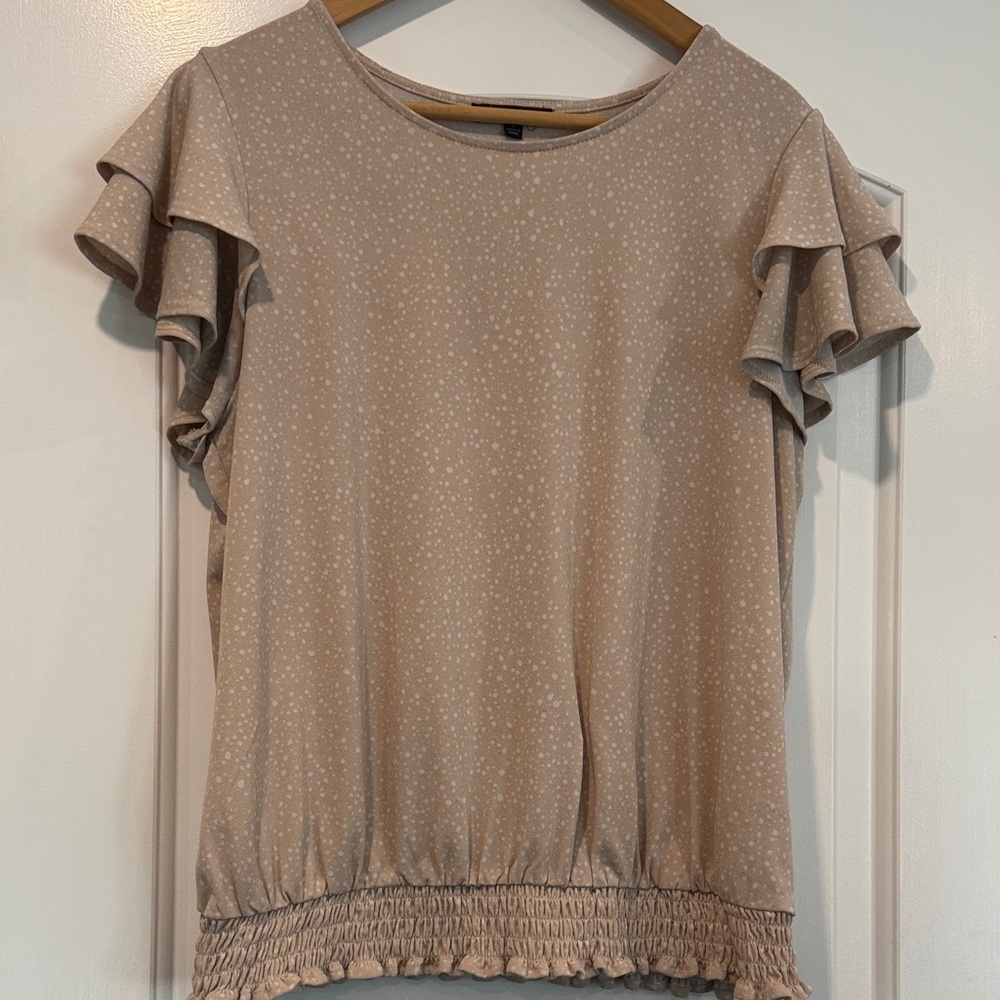 Adrianna Papell Champagne Swiss Dot Flutter Sleeve Blouse Size Large